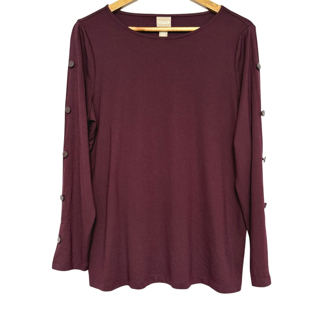 Chicos‎ Long Sleeve Top Womens 2 US L Burgundy Button Detail Boat Neck Knit